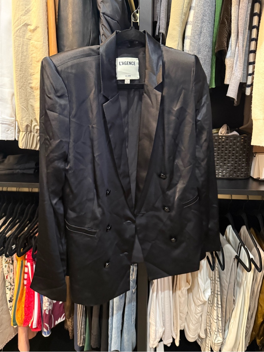 L'AGENCE Black Satin Double-Breasted Blazer